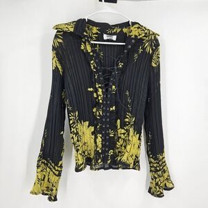 Vintage Y2K Blouse Black Yellow Floral Goth Whimsigoth Corset Mesh Lace Up Top M